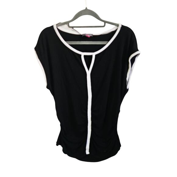 Vince Camuto Women's XL Ruched Bodycon Top Black White Trim Sophisticated Basic - Picture 1 of 6